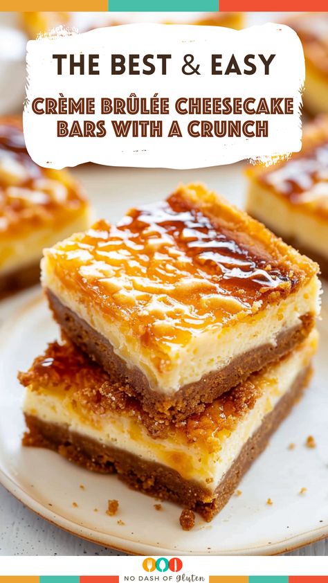 Experience the magic of Crème Brûlée Cheesecake Bars, where creamy cheesecake meets the caramelized crunch of crème brûlée on a vanilla crust. Perfect for dessert lovers seeking a unique twist on classic flavors. Ideal for parties, celebrations, or a decadent treat at home. Don't miss out on this mouthwatering creation that promises to delight your senses. Pin this recipe now and make your next dessert unforgettable. Share the love and enjoy every creamy, crunchy bite! Yummy Unique Desserts, Creme Brulee Dessert Ideas, Unique Birthday Dessert Ideas, Crème Brûlée Bars, Brown Butter Cheesecake Recipes, New Deserts Ideas, Cream Brulee Cheesecake Recipe, Cream Brulee Cake, Savory Cheesecake Recipes