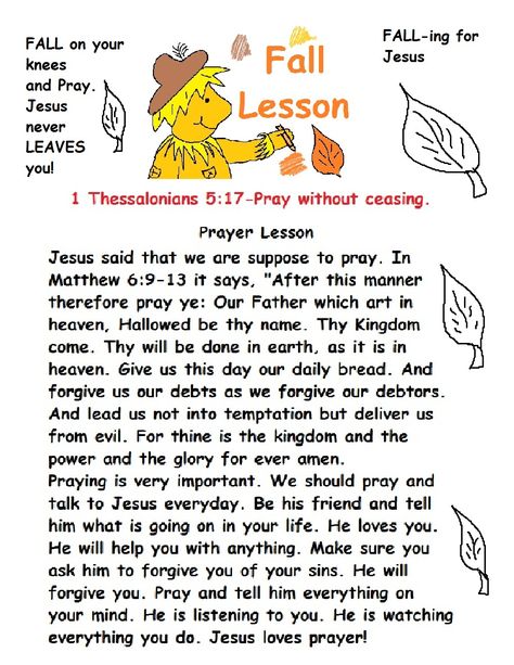 Scarecrow Bible Lesson, November Childrens Church Lessons, Children Bible Study, Fall Sunday School Lessons, Bible Preschool, Pumpkin Prayer, Sunday School Worksheets, Religion Activities, Children Bible