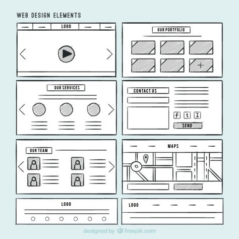 Pack of hand drawn website elements | Free Vector #Freepik #freevector #website-wireframe #site-design #website-web-design #web-desing Website Elements, Wireframe Website, Webpage Template, Rose Gold Texture, Ui Patterns, Halftone Dots, Ui Components, Modern Web Design, Ux Design Inspiration