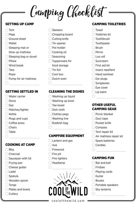 Camping Checklist: Everything you need for car camping, including a printable version of this list Car Camping Checklist, Tent Camping Checklist, Camping Checklist Printable, Zelt Camping, Auto Camping, Camping Packing List, Camping Set Up, Camping List, Festival Camping