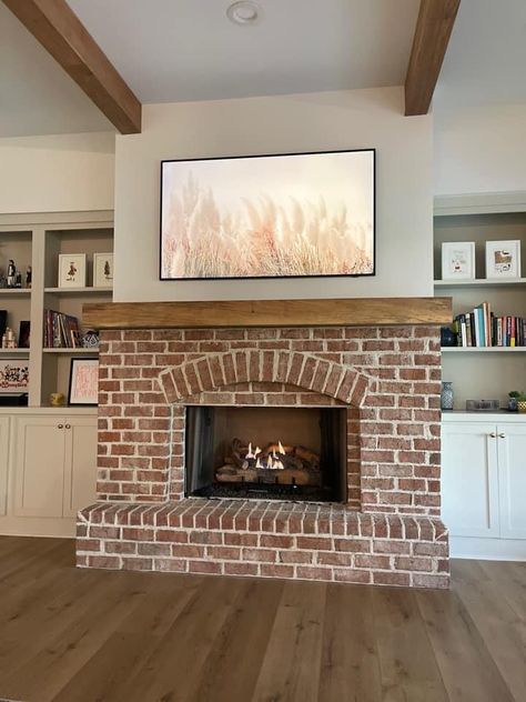 Brick With Shiplap Fireplace, Woodburning Fireplace Ideas, Tv Above Brick Fireplace, Indoor Brick Fireplace, Half Brick Fireplace, Brick Fireplace Wood Mantle, Earthy Fireplace, Brick Electric Fireplace, Corner Brick Fireplace