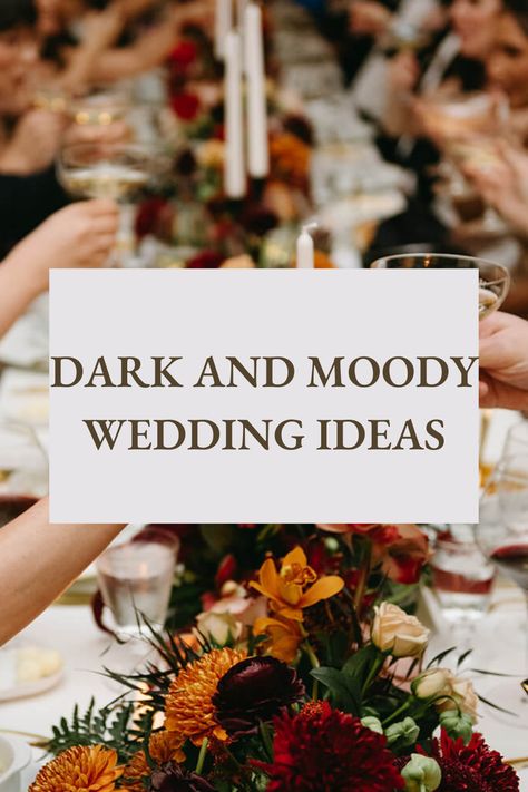 Here's some dark and moody wedding inspiration for brides that are looking for fall wedding decor and fall wedding inspiration. This couple had the most beautiful wedding tablescape ideas, come check out what they did! Dark Fall Wedding Table Decor, Moody Romantic Wedding Reception, Moody Fall Wedding Decor, Dark Romantic Fall Wedding, Dark And Moody Bridesmaid Dresses, Moody October Wedding, Moody Wedding Tablescape, Dark And Moody Fall Wedding, Dark Fall Wedding Decor