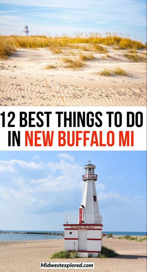 White lighthouse with red roof and white sandy beach of New Buffalo. Union Pier Michigan, New Buffalo Michigan Things To Do In, New Buffalo Michigan, Indiana Beach, Michigan Travel Destinations, Michigan City Indiana, Travel Michigan, Michigan Lake, Michigan Adventures