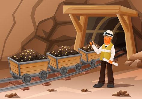 Mining miner cartoon composition with vi... | Free Vector #Freepik #freevector #coal-mine #miner #mining #mining-industry Mining Drawing, Mining Illustration, Mine Illustration, Mine Drawing, Cartoon Composition, Gold Mining Equipment, Teacher Picture, Cozy Cartoon, Mining Industry