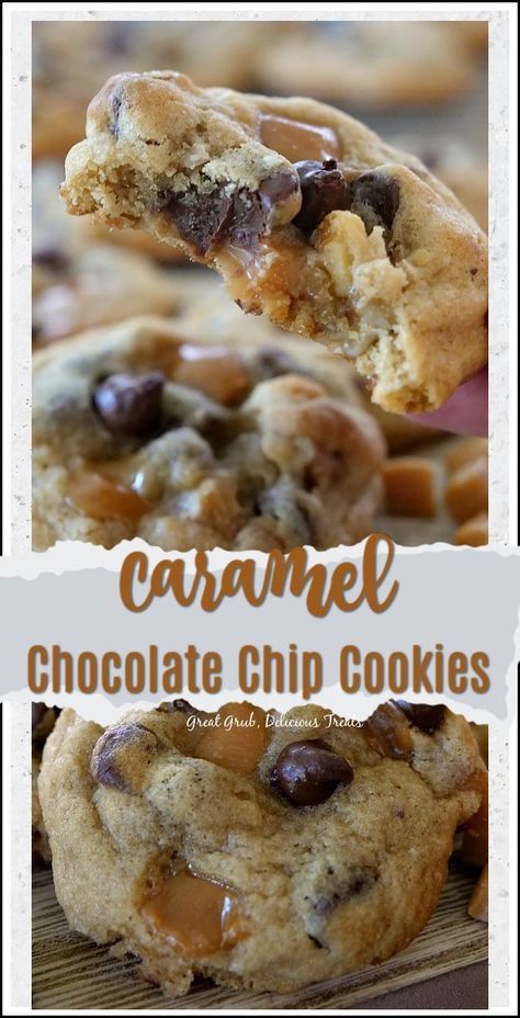 Caramel Chocolate Chip Cookies are chewy and soft, full of caramel pieces, chocolate chips and chopped walnuts. #cookiejar #chocolatechipcookies #cookie #greatgrubdelicioustreats Caramel Chocolate Chip Cookies, Soft Caramel, Caramel Cookies, Caramel Chocolate, Crinkle Cookies, Best Chocolate Chip Cookie, Chocolate Caramels, Chocolate Chip Cookie, Easy Cookies