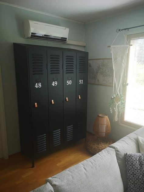 Locker Style Storage, Locker Upcycle, Lockers Ideas For Home, Skateboard Room, Locker Closet, Sports Room Boys, Boys Desk, Vintage Lockers, Industrial Style Interior