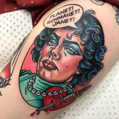 ♥️🔪👄🔪♥️ Sweet transvestite, Dr. Frank N. Furter, for fabulous Phoebe yesterday 👄 side thigh 🔪 Thanks for giving him a home on the 13th, ya… Frank N Furter Tattoo, Rocky Horror Picture Show Tattoo, Show Tattoo, Frank N Furter, Side Thigh Tattoos, Lighthouse Tattoo, Horror Tattoo, Horror Picture Show, Rocky Horror Picture Show