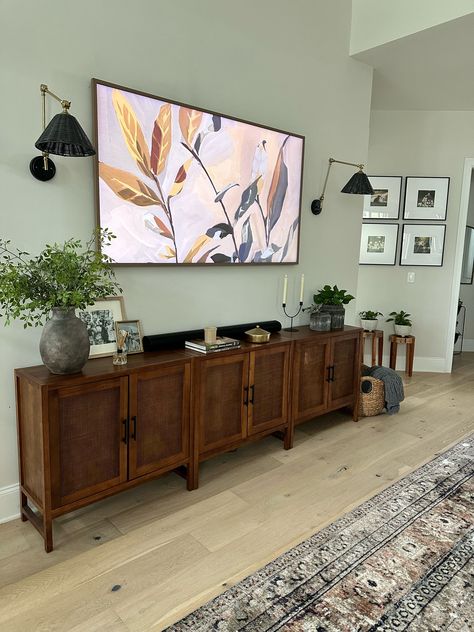 Warwick 2 Door Cabinet - Threshold™ curated on LTK Warwick Tv Stand, Long Sideboard Styling, Styling Credenza Under Tv, Entertainment Center Ideas Decor, Ideas For Tv Stand Living Rooms, How To Style A Tv Stand, 2025 Living Room Decor Trends, Warwick Cabinet, Tv Console Tables