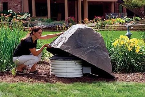 hiding septic tank under fake rock Well Pump Cover, Septic Tank Covers, Acreage Landscaping, Fake Rock, Faux Rock, Septic System, Landscaping Tips, Septic Tank, House Landscape