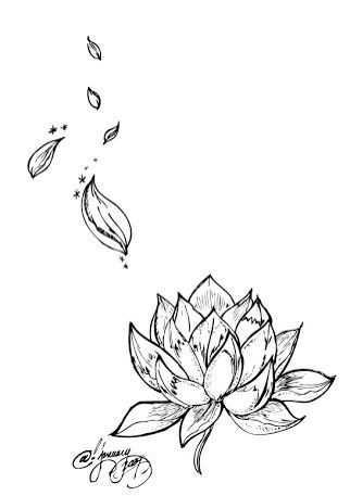 like this! If we had a lotus with petals being blown off it like this and then they became birds... Lotus Lower Back Tattoo Cover Up, Lotus Flower With Leaves Tattoo, Lotus Flower Tattoo Lower Back Cover Up, Lotus Petals Tattoo, Lotus Flower Petals Falling Tattoo, Hip Lotus Tattoo, Petal Tattoos Falling, Lotus Bird Tattoo, Lotus Side Tattoo