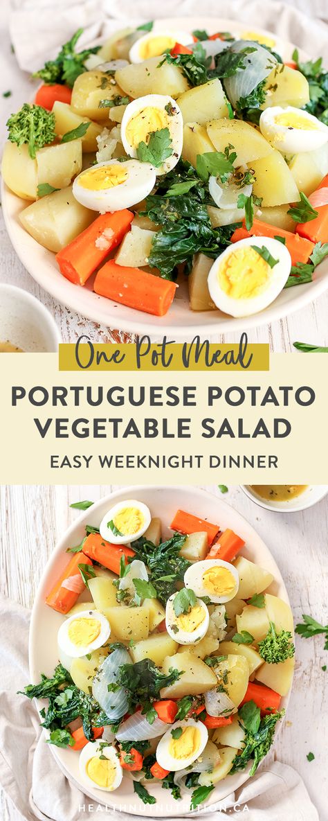 This 1 pot Portuguese style Potato and Vegetable Salad is served warm, topped with boiled eggs and tossed in a herbed red wine vinaigrette. It’s a heartier alternative to a traditional salad and makes for the perfect easy weeknight meal! Portuguese Potato Salad, Portuguese Salad, Portuguese Potatoes, Boiled Potatoes Recipe, Traditional Salad, Portuguese Style, Recipe Potato, Red Wine Vinaigrette, Warm Salad