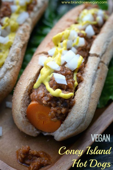 Vegan Coney Island Hot Dogs - Brand New Vegan Vegan Hot Dog Chili, Coney Dogs, Coney Island Hot Dog, Coney Sauce, Fairytale Food, Vegan Hot Dog, Coney Dog, Carrot Dogs, Vegan Meat