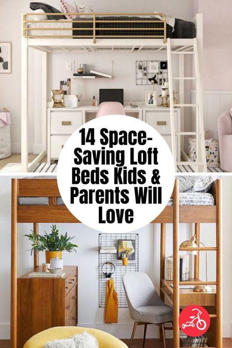 14 Space-Saving Loft Beds Kids & Parents Will Love Lofted Twin Bed, 2 Girls Bedroom Ideas Small Spaces, Under Loft Bed, Shared Room Ideas Small Space, Loft Bed Ideas For Small Rooms Storage, Small Bedroom With Loft Bed, Shared Loft Bedroom Kids, Shared Room With Loft Beds, Bunk Bed Rooms Space Saving