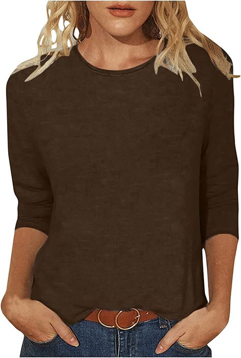 Summer 3/4 Sleeve T Shirt Shirts for Women Landscape Painting Pattern Top Three Quarter Sleeve Pullover Round Neck Tee Tops at Amazon Women’s Clothing store Summer Border, Plain Tee Shirts, Three Quarter Sleeve Shirt, Top With Ruffles, Fitted Tunic, Workout Tops For Women, Womens Tops Dressy, Sweater Trends, Trendy Blouses