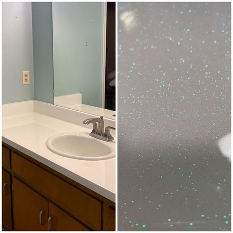 Countertop was painted white. Then used clear epoxy with ultrafine iridescent glitter. Glitter Epoxy Countertop, Sparkly Countertops, Glitter Countertop, Unique Countertops, Counter Ideas, Epoxy Countertop, Bathroom Countertop, Bathroom Countertops, Clear Epoxy