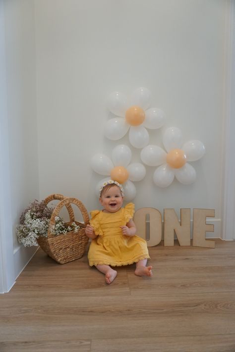 First Birthday Baby Girl Ideas, First Birthday Photo Shoot Ideas Daisy, 1st Birthday Photoshoot Daisy Theme, Daisy 1 Year Photoshoot, Daisy Theme Photoshoot, 1st Birthday Flower Theme Photoshoot, One Year Daisy Birthday, Daisy 1st Birthday Photoshoot, Daisy Backdrop Party Ideas