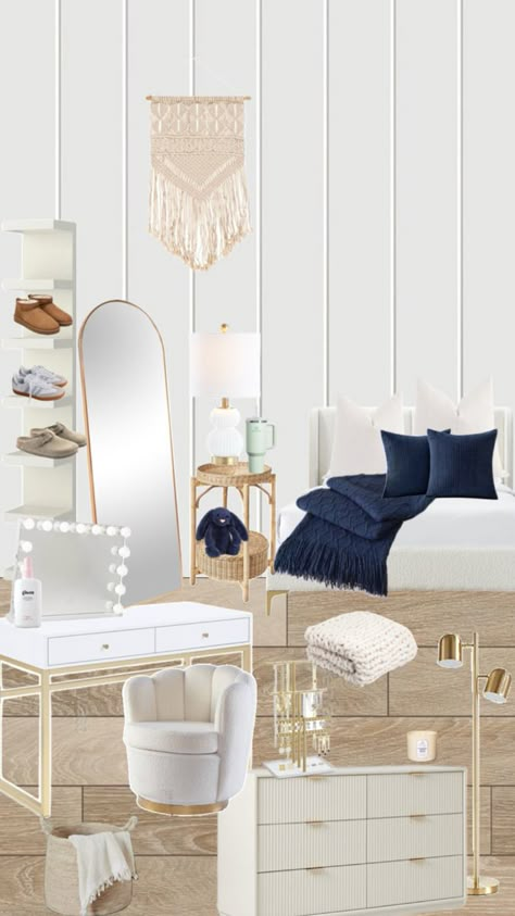 Trending Room Ideas, Room Theme Ideas Bedrooms, Bedroom Inspirations Girly, Cleangirlaesthetic Room, Fun Bedroom Ideas For Women, Room Inspo Vanity, Navy Blue And Gold Bedroom Ideas, Room Ideas Big Bedroom, Room Makeover Ideas Aesthetic