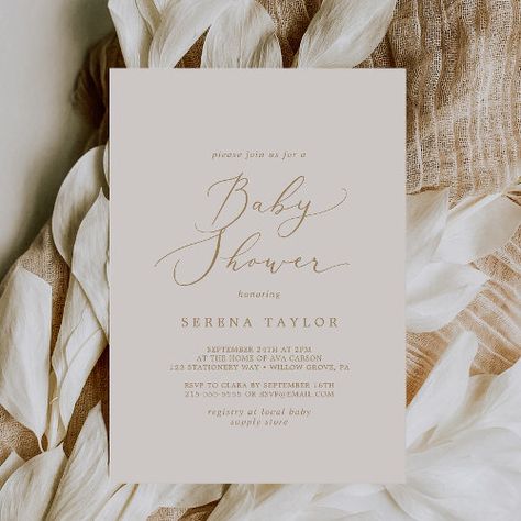 Delicate Gold Calligraphy Cream Baby Shower Invitation #zazzle #weddinginvitations #birthdayinvitations #babyshowerinvitations #zazzleinvitations #monogram #businesscards #graduation #homedecor Simple Baby Shower Invites, White And Gold Baby Shower Ideas, Beige Baby Shower Ideas, All White Baby Shower Theme, White Baby Shower Theme, Elegant Baby Shower Ideas, Baby Shower Minimalist, Shower Romantic, Neutral Baby Shower Invitations