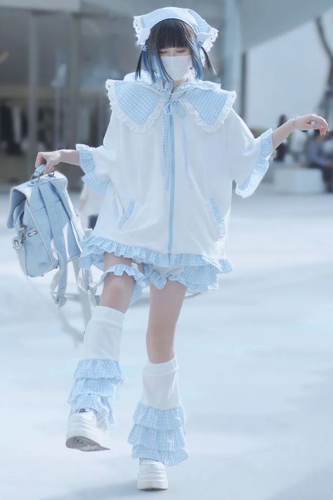 Fabric: Polyester Color: White/Blue Sleeve Length: Short Sleeves Feature: Print Style: Jirai Kei Include: Coat + Fake Collar Size (IN) Bust Waist Sleeve Length Japanese Coat, Gothic Skirts, Style Kawaii, Short Sleeve Jacket, Ruffle Pants, Leg Sleeves, Triangle Scarf, Summer Jacket, J Fashion