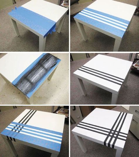 Table Painting Ideas Colorful, Cabin Table, Painted Table Tops, Table Painting, Ikea Lack Table, Lack Table, Stripe Table, Teal Interiors, Ikea Table