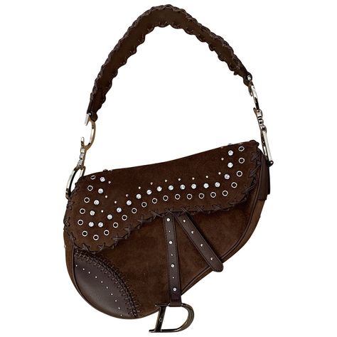 Vintage Saddle bag by Dior brand Brown suede leather, studs and rhinestonesDust bag Perfect conditionPackaging: Dustbag Vintage Saddle Bag, Dior Brand, Crystal Hardware, Dior Shoulder Bag, Dior Saddle, Novelty Bags, November 2, Dior Handbags, Woman Bags Handbags