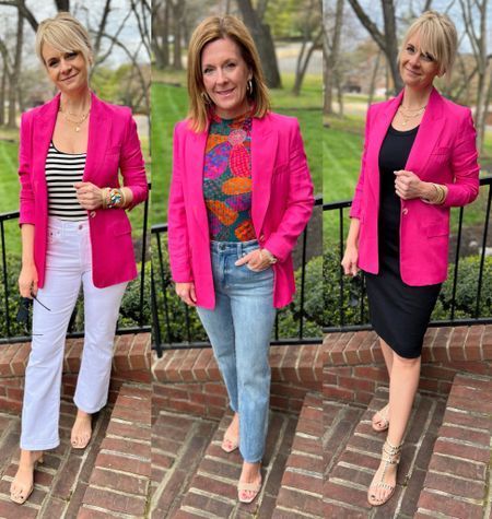 Hot Pink Blazer Outfit, Pink Jacket Outfit, Pink Blazer Outfit, Hot Pink Blazer, Black Dress Outfit, Hot Pink Blazers, Bodysuit Outfit, Blazer Pink, White Jeans Outfit