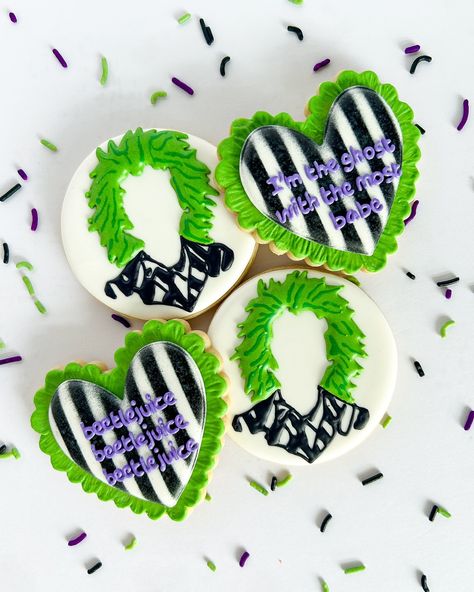 Im the ghost with the most, babe ✨💚💜🖤 . . . . #beetlejuice #BeetlejuiceBeetlejuice #beetlejuicebeetlejuicebeetlejuice #betelgeuse #nevertrusttheliving #theghostwiththemost #nofeet #beetlejuicecookies #customcookies #customsugarcookies #sugarcookies #decoratedsugarcookies #decoratedcookies Beetlejuice Sugar Cookies Decorated, Beetlejuice Sugar Cookies, Beetle Juice Cookies, Beetlejuice Cookies Decorated, Beetlejuice Cookies, Beetlejuice Party, Beatle Juice, Royal Cookies, Halloween Sugar Cookies