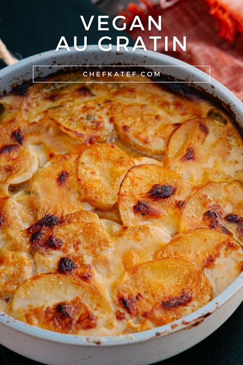 Vegan Au Gratin is an indulgent plant-based scalloped potatoes recipe with rich, luxurious flavor, tender potatoes, and comforting herbs and spices. Serve as a side dish year round! Au Gratin Potatoes Easy, Potato Au Gratin, Roasted Breakfast Potatoes, Vegan Scalloped Potatoes, Earth Food, Scalloped Potatoes Recipe, Dried Potatoes, Scalloped Potato Recipes, Potatoes Au Gratin