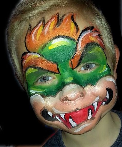 He wanted Bowser!  Never painted Bowser before so was quite a challenge!  Painted by Ditzy Doodles :)  http://www.facebook.com/ThePartySquadUK/ http://www.thepartysquad.co.uk/ Halloween Mask Diy, Bowser Costume, Mask Images, Face Painting Easy, Kids Face Paint, Funny Paintings, Mask Diy, Face Painting Halloween, Face Painting Designs