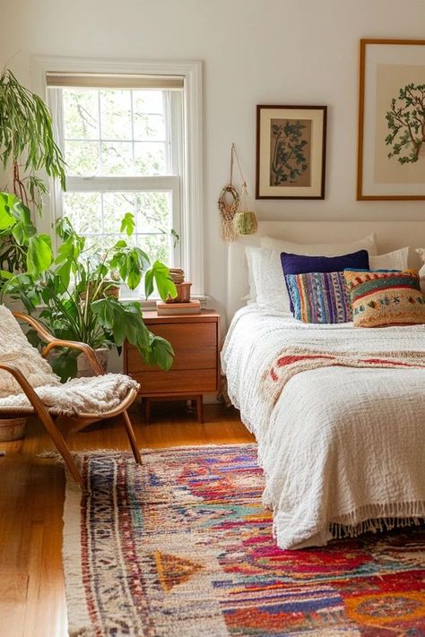 "Add a touch of bohemian flair to your bedroom with Modern Boho Decor! 🛏️🌿 A great way to create a cozy and creative sleep sanctuary. 🌿✨ #BohoStyle #ModernBohoBedroom #BedroomIdeas" Boho Bedroom Rug Ideas, Romantic Boho Bedroom, Boho Mid Century Modern Bedroom, Jungalow Bedroom, Modern Bohemian Bedroom, Bohemian Bedroom Inspiration, Eclectic Decor Bedroom, Modern Boho Bedroom, Bohemian Bedroom Design