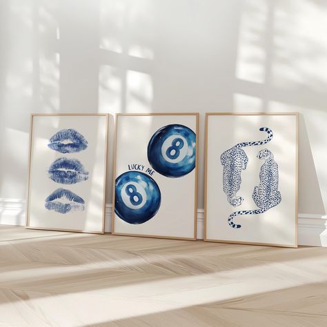 DIGITAL DOWNLOAD:  Navy Wall Art Set, Retro 8 Ball Poster, Blue Cheetah Print, Trendy Kiss Lips Digital Prints, Preppy Aesthetic, Dorm Room Decor Printable Art Please note this is an INSTANT DIGITAL DOWNLOAD NO PHYSICAL PRINT will be shipped to your address You'll receive 2 PDFs: 1 - PDF with a link to the files located in Google Drive 2 - Instructions It's important to read the INSTRUCTIONS PDF to ensure you download the files correctly. Please note...You will need to download and save the files to a computer....not a phone. You will then be able to upload to an online lab, save on a usb or print at home. You will receive 5 jpg files in the following sizes: 1. 4:6 ratio for Printing: INCHES: 4 x 6 | 6 x 9 | 8 x 12 | 10 x 15 | 12 x 18 | 16 x 24 | 20x30 | 24 x 36 CM: 10 x 15 | 20 x 30 | 30 Art For Navy Blue Walls, Royal Blue Wall Art, Wall Prints Simple, Navy Room Decor Aesthetic, Dark Blue Prints, Preppy Dorm Art, Navy Blue Posters Aesthetic, Room Decor 2024, Dorm Room Navy Blue