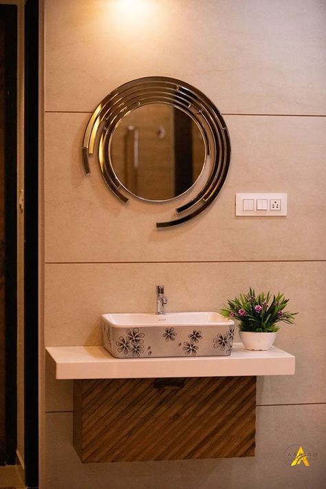 Dining Handwash Designs, Dining Wash Basin Ideas, Simple Basin Design, Washbasin Mirror Design In Hall, Modern Wash Basin Mirror Design, Bathroom Hand Wash Design, Wash Besing Wall Design, Designer Mirror For Wash Basin, Wash Basing Ideas