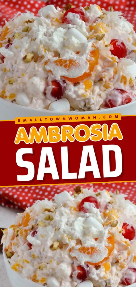 Want more easy summer BBQ side dishes? This Ambrosio Salad recipe features fresh whipped cream, sour cream, mini marshmallows, coconut, mandarin oranges, pineapple, maraschino cherries, and pecans. Serve this colorful salad that's always a show stopper, and save this for your 4th of July food! Easy Ambrosia Salad, Salad For A Crowd, Cookout Ideas, Salads For Kids, Fruit Salad With Marshmallows, Fresh Whipped Cream, July Desserts, Salads For A Crowd, Salads Recipes