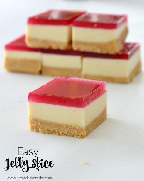 The best jelly slice recipe Thermomix Cake, Fudge Caramel, Slice Recipes, Jelly Slice, No Bake Slices, Cake Stall, Slice Recipe, Slow Cooker Desserts, Slices Recipes