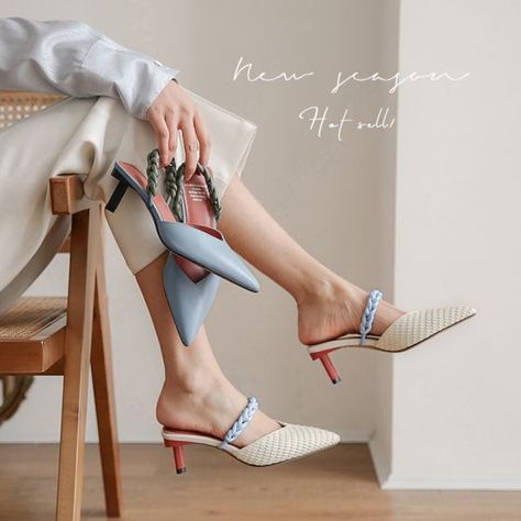 Chic / Beautiful Beige Street Wear Braid Womens Sandals 2020 Leather 5 cm Stiletto Heels Pointed Toe Sandals Shoe Poses, Mules Shoes Heels, Shoe Advertising, Shoes Fashion Photography, Heeled Mule, Shoes Photography, Shoes Photo, Clog Heels, Shoe Inspo