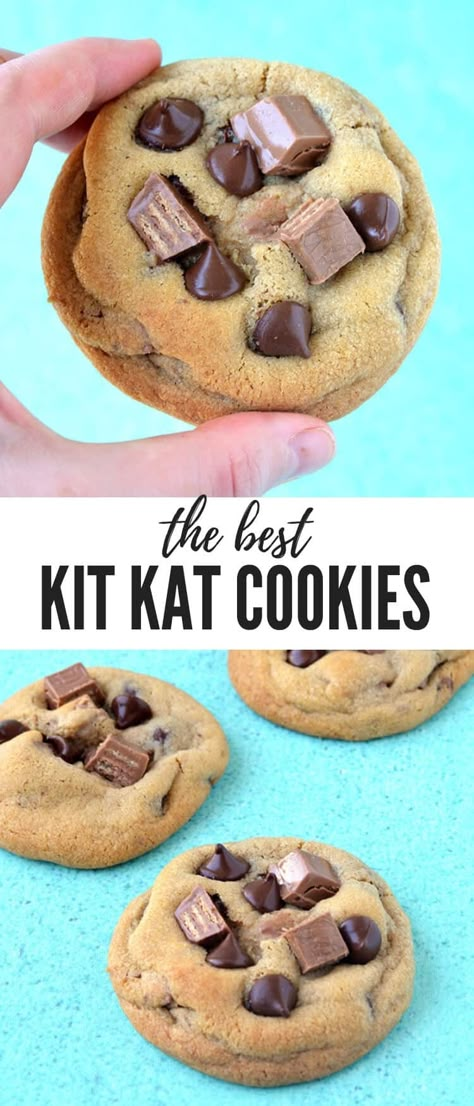 Kit Kat Cookies Recipes, Kitkat Cookies Recipes, Kit Kat Dessert, Kit Kat Cookies, Kit Kat Chocolate, Kit Kat Candy, Chocolate Chip Cookie Recipe, Buttery Cookies, Chocolate Chip Recipes