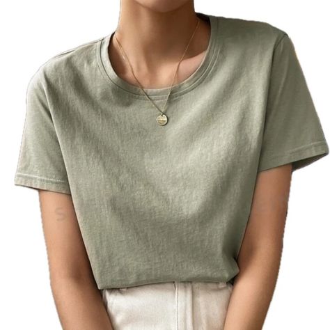 Shein, Size Xl Basic Sage Green Light Green Round Scoop Neck Short Sleeve Tee Shirt. 100% Cotton, Has A Little Bit Of Stretch. Nwt, Never Worn! Super Cute Basic T Shirt! Korean Casual Outfits, Shein Outfits, Round Neck Tees, Tshirt Outfits, Womens Basic, Shein Tops, Casual Style Outfits, College Outfits, Fashion Online Shop