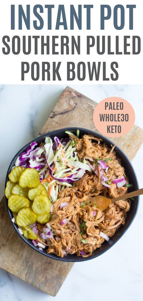 Instant Pot Southern Pulled Pork Bowls are loaded with flavor! The most tender pull apart pork and an easy slaw is what brings this meal together. Slow Cooker option, too! Paleo, Whole30, and Keto. Bbq Pork Instant Pot, Pulled Pork Loin Slow Cooker, Pulled Pork Bowls, Southern Pulled Pork, Crockpot Pork Shoulder, Paleo Pulled Pork, Pork Instant Pot, Low Carb Pulled Pork, Pork Loin Pulled Pork