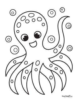 Simple Printable Coloring Pages, Under The Sea Drawing Easy, Preschool Lobby, Octopus Drawing Simple, Easy Octopus Drawing, Cute Doodles Easy, Octopus Printable, Under The Sea Coloring Pages, Sea Animals Coloring Pages