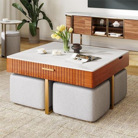 Lift Top Coffee Table with Hidden Storage and 4 Ottomans - Bed Bath & Beyond - 38288912 Coffee Table With Seating, Fabric Coffee Table, Coffee Table With Hidden Storage, Slate Coffee Table, Large Square Coffee Table, Coffee Table Size, Stylish Coffee Table, Snowy Mountain, Lift Top Coffee Table