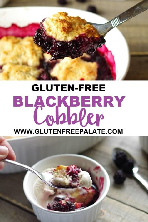 Gluten-Free Blackberry Cobbler with fresh or frozen blackberries baked under a flaky, biscuit-like crust. Top this classic baked treat with your favorite ice cream, or whipped cream for an elegant dessert. Gluten Free Blackberry Cobbler, Gluten Free Cobbler, Gluten Free Diet Plan, Glutenfri Baking, Blackberry Cobbler Recipe, Blackberry Cobbler, Gluten Free Brownies, Gluten Free Desserts Recipes, Gluten Free Dessert