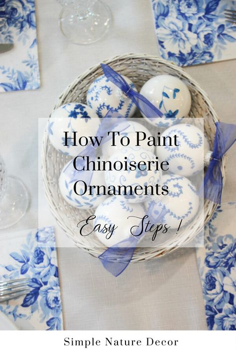 Diy Toile Christmas Ornaments, Toile Christmas Ornaments, Porcelain Ornaments Diy, Diy Blue And White Christmas Ornaments, Chinoiserie Ornaments Diy, Chinoiserie Christmas Ornaments, How To Paint Chinoiserie Diy, Diy Chinoiserie Ornaments, Blue And White Ornaments