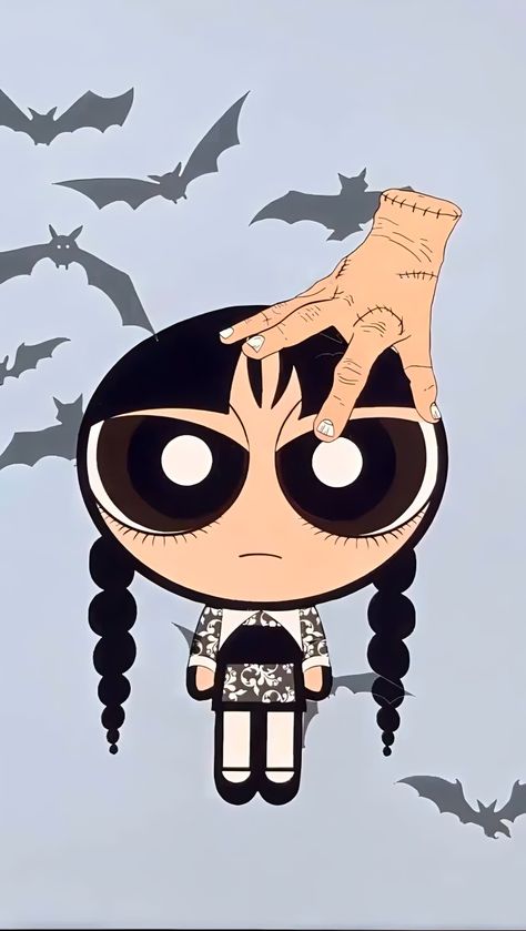 Wednesday Addams and the Thing in an amazing piece of art. The work shows Wednesday Addams with her loyal buddy, Thing resting on her head. It was made to show what if they were from the world of Powerpuff Girls. Wednesday Addams Cartoon, Wednesday Cartoon, Powerpuff Girl, Addams Family, Wednesday Addams, Powerpuff Girls, The Thing, What If, Universe