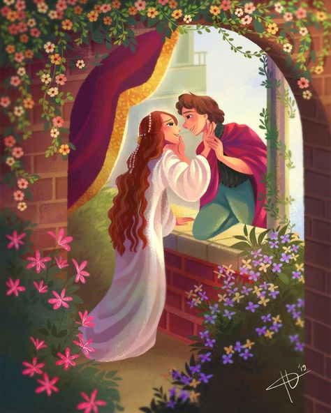 Hana Augustine on Instagram: “The Balcony scene from Romeo and Juliet.. I was heavily inspired by sir Frank Bernard Dicksee for this scene.. I admire his painting so…” Romeo Und Julia, Tragic Love Stories, Juliet Balcony, Tragic Love, Mary Blair, Novel Ideas, How To Make Animations, Character Designer, Rome Travel