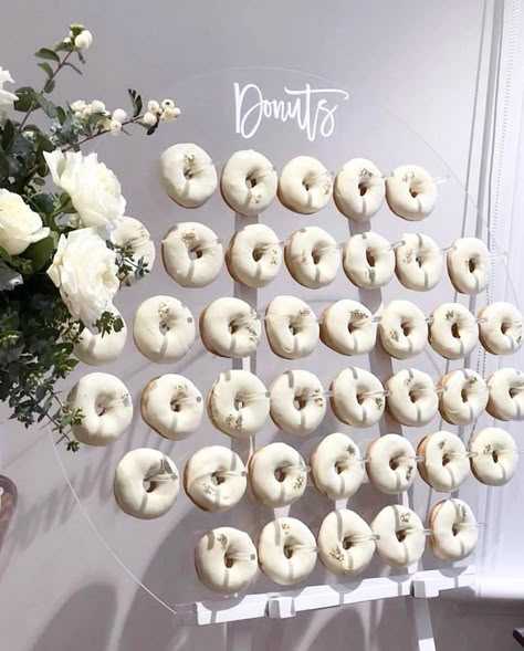 Donut Wall Wedding, Donut Display, Wedding Donuts, Donut Decorations, Donut Bar, Donut Wall, Gender Reveal Party Decorations, Wedding Dresses With Flowers, Bridal Brunch