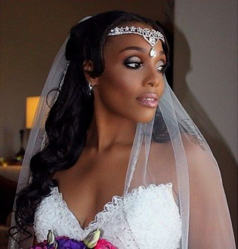 half+up+curly+black+hairstyle+for+bridal+veil African American Bride Hairstyles, Black Brides Hairstyles, Black Wedding Hairstyles, African American Weddings, Wedding Hairstyles With Veil, Best Wedding Hairstyles, Black Bridal, Braut Make-up, Black Bride