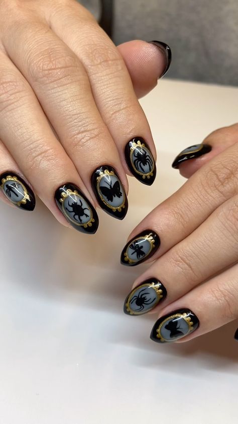 Edgar Allen Poe Nails, Ouji Board Nails, Black Nails With Color, Dark Witch Nails, Fall Goth Nails, Bride Of Frankenstein Nails, Witch Nails Short, Very Short Nails Design, Cat Inspired Nails