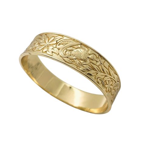 This beautiful bangle bracelet features a Honu (turtle) and Tiare flower design. Measures a 15mm wide band. High Shiny, durable and comfortable to wear. This bracelet is 14k gold plated, not gold fill or solid gold.  Our Hawaiian bangle bracelets are made with the highest quality of gold plating materials then undergo a tarnish resistant process to extend the life and quality of our jewelry. Our jewelry is protected with an anti-tarnish solution, but may wear with time and improper care. Care is Hawaiian Bracelets, Tiare Flower, Wide Bands, Flower Design, Beautiful Bracelet, Gold Plating, Bangle Bracelet, Pretty Outfits, Flower Designs