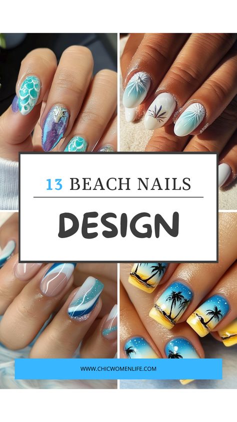 13 beach nail ideas for summer Acrylic Nails Vacation Beach, Vacation Nails Palm Trees, Ocean Theme Nail Designs, Vacation Nail Art Designs, Blue Nails Ocean, Sea Inspired Nails, Nails For Mexico, Beach Gel Nails, Beach Nail Ideas