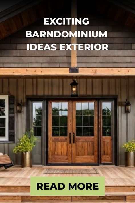 Explore breathtaking barndominium ideas for both interiors and exteriors! Discover creative ways to design and decorate your barndominium to make it truly unique. Get inspired by the stunning combination of modern living with rustic charm. Whether you're looking for sleek industrial touches or cozy farmhouse vibes, these barndominium ideas will surely captivate your imagination. Step into a world where creativity knows no bounds and let your personality shine through in every corner of your barn Metal Barndominium Exterior, Barndominium Front Door, Industrial Farmhouse Exterior, Barndominium Exterior, Front Porch Lighting, Exterior Facade, Farmhouse Vibes, Ranch Remodel, Barndominium Ideas Exterior